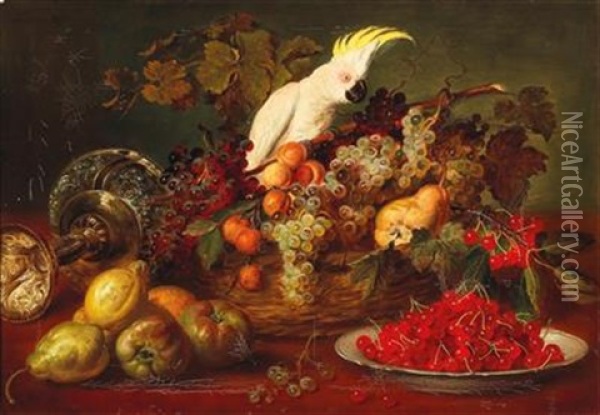 Large Still Life With Cockatoo Oil Painting - Ludwig Adam Kunz