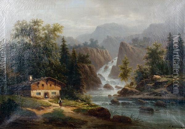 View Of An Alpine Chalet, A Waterfallbeyond Oil Painting - Colestin Brugner