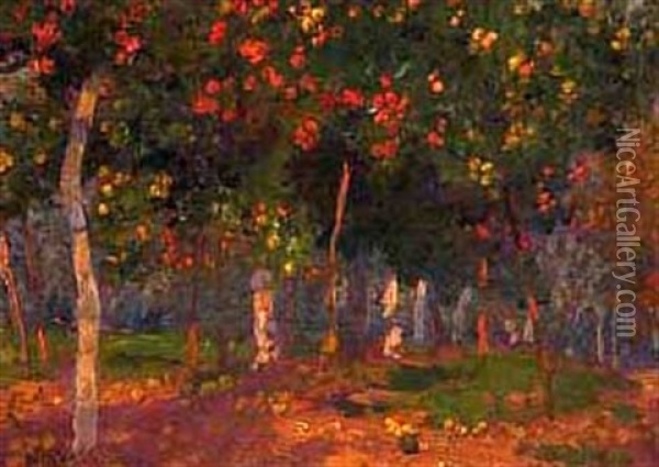Autumn - Orchard (+ Landscape Sketch, Verso) Oil Painting - Emanuel Phillips Fox