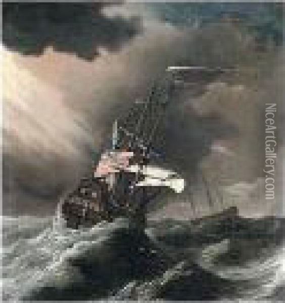 A British Man Of War In Heavy Seas Oil Painting - Joris van der Haagen or Hagen
