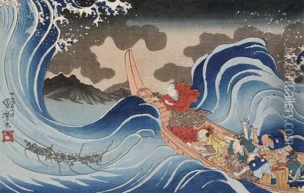 Ichiyusai Kuniyoshi Nichiren Calming A Storm At Kakuda Oil Painting - Ichiyusai Kuniyoshi