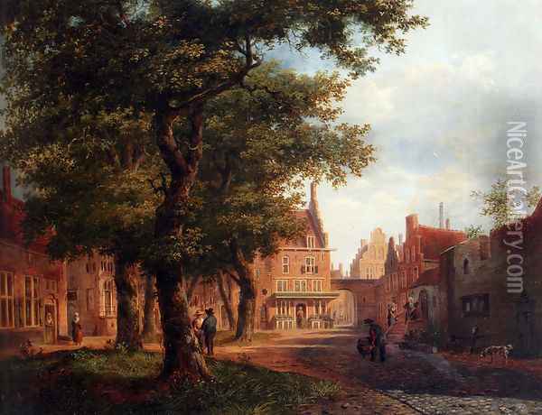 A Village Square With Villagers Conversing Under Trees Oil Painting - Bartholomeus Johannes Van Hove