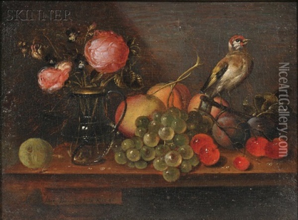 Still Life With Flowers, Fruit, And Bird Oil Painting - Alexander Adriaenssen the Elder