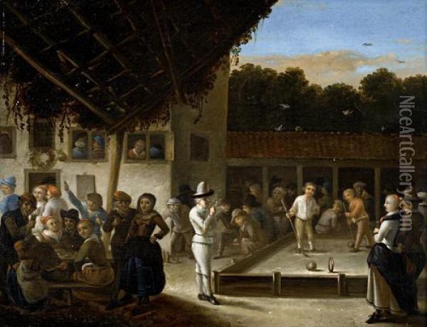 Croquet Being Played In The Courtyard Of An Inn Oil Painting - Gerrit Lundens