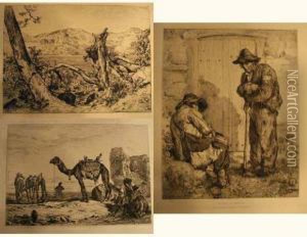 Sous Les Murs De Teheran (perse) ; Truands De Campagne ; Le Lac De Nemi. 1863-1874. Oil Painting - Jules Joseph Augustin Laurens