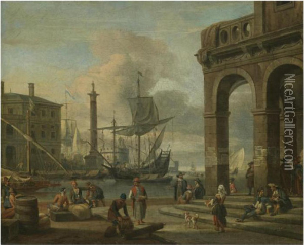 A Mediterranean Harbour Capriccio With Figures Unloading Cargo In The Foreground Oil Painting - Abraham Storck