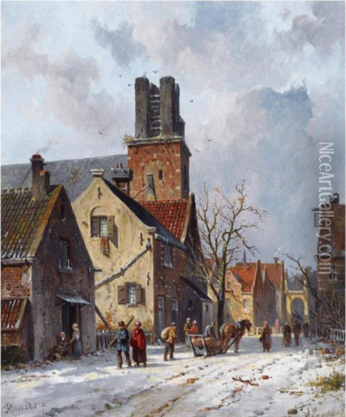Figures In The Snow Covered Streets Of Ransdorp Oil Painting - Adrianus Eversen