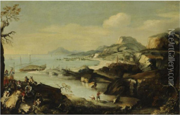 A View On The Bay Of Napels, A Group Of Figures On A Rocky Coastline In The Foreground Oil Painting - Francesco Zuccarelli