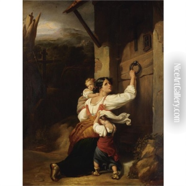 Mother And Children Fleeing (+ At The Altar; Pair) Oil Painting - Giuseppe Mazzolini