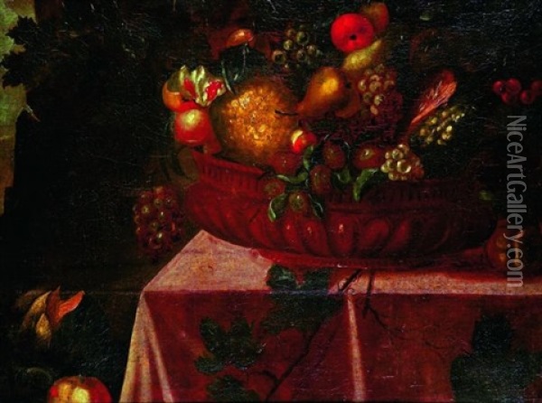 Nature Morte A La Coupe De Fruits Sur Un Entablement Oil Painting - Blas de Ledesma Prado