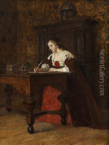 Lady Writing A Letter Oil Painting - Charles Francois Pecrus
