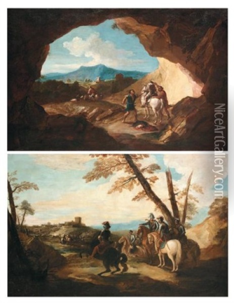 Attaque Des Brigands (+ L'approche Du Fort; 2 Works) Oil Painting - Ignace Jacques Parrocel
