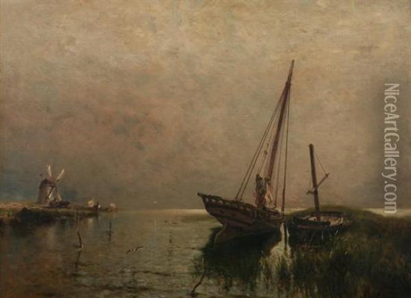 Moored Sailboats, Coast Of Holland Oil Painting - Arthur Quartley