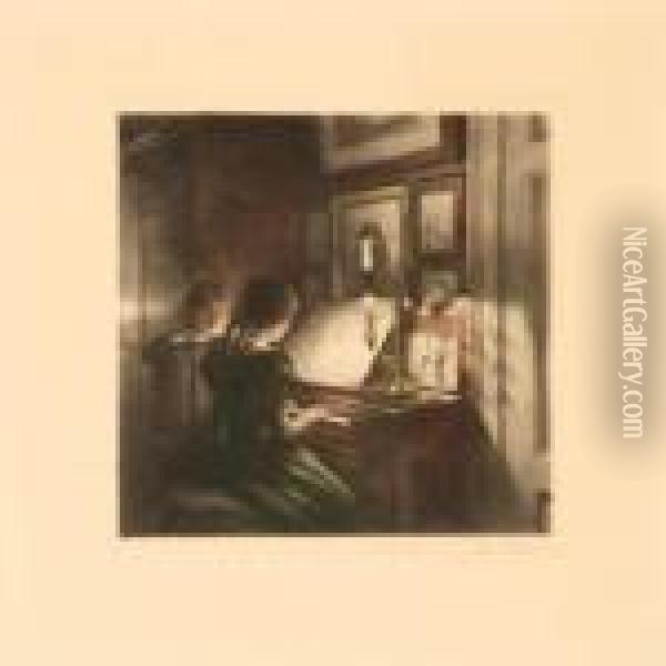 Interior With Two Girls Playing Piano Oil Painting - Peder Vilhelm Ilsted