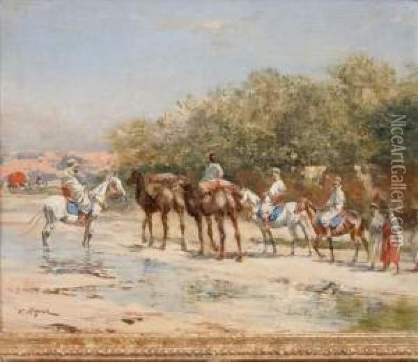 Caravane En Marche, El Outaya (biskra, Algerie) Oil Painting - Victor Pierre Huguet