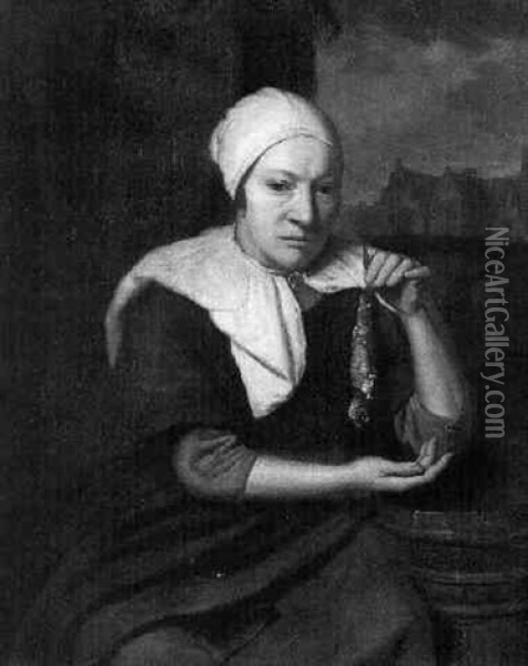A Woman, Seated By A Barrel, Holding Up A Herring Oil Painting - Gabriel Metsu