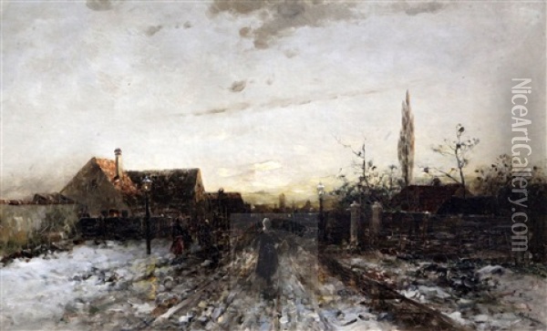 Figures On A Street In Winter Oil Painting - Anton Windmaier the Elder