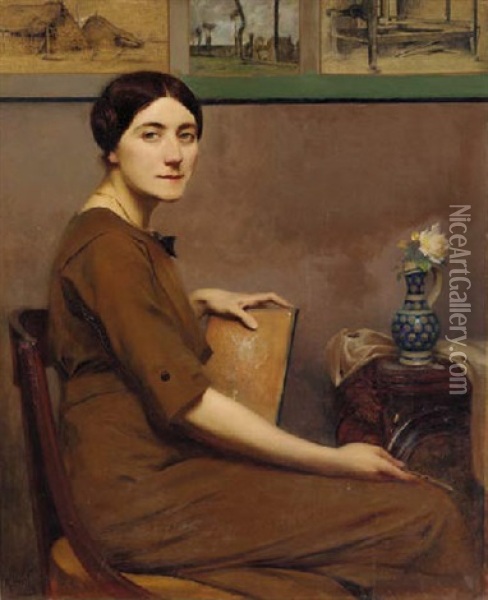Portrait Of A Lady Artist Seated In An Interior, Holding A Drawing Board Oil Painting - Rene Ernest Huet