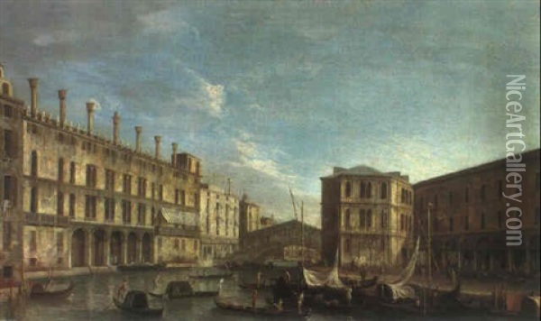 Canal Grande Con Il Fondaco Dei Tedeschi, Palazzo Dei       Carmerlenghi E Il Ponte Di Rialto Oil Painting - Michele Marieschi
