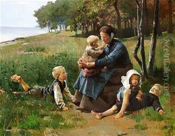 Mor Og Born Pa Udflugt Til Stranden Oil Painting - Erik Ludwig Henningsen
