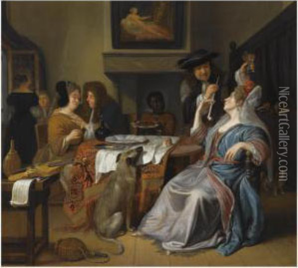 An Elegant Company In An Interior Drinking And Smoking, With Aviolin And A Music Book On A Table In The Foreground Oil Painting - Mathijs Wulfraet