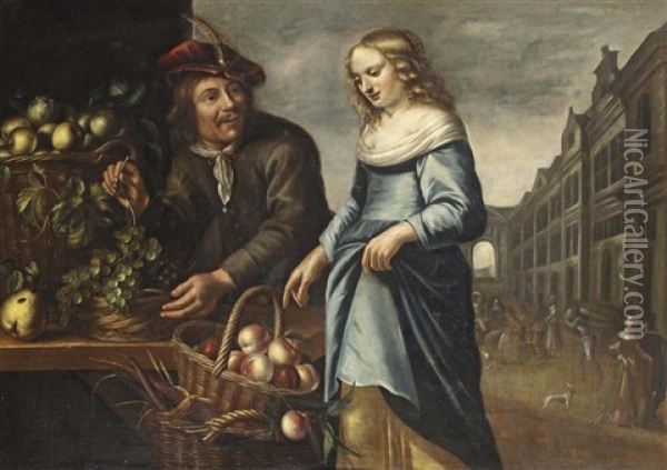 A Fruit Seller And A Young Woman In A Blue Dress At A Fruit Stall In A Crowded Marketplace Oil Painting - Gillis Gillisz. de Berch