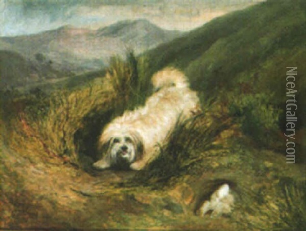A Terrier Chasing A Rabbit In A Landscape Oil Painting - Charles Hancock