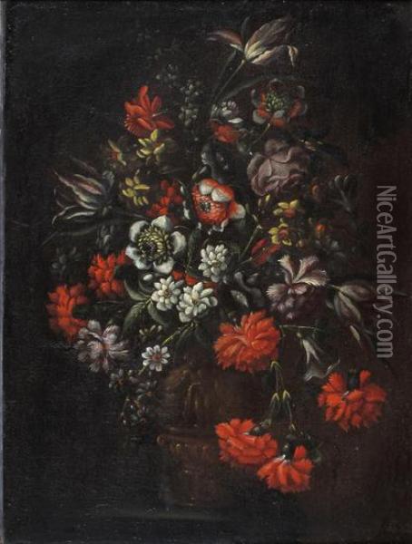 Garofani, Anemoni E Tulipani In Un Vaso Istoriato Oil Painting - Laura Bernasconi