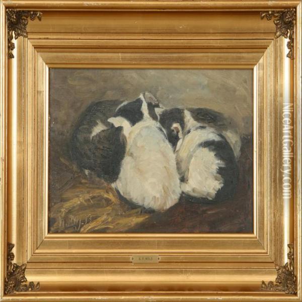 Sleeping Kittens. Signed N.p.m. 93 Oil Painting - Niels Pedersen Mols