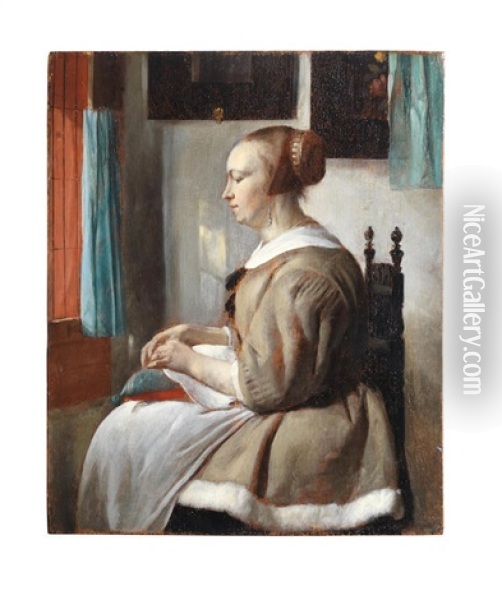 A Young Lady With A Sewing Pillow Oil Painting - Gabriel Metsu