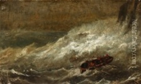 A Rowing Boat In Rough Seas Off A Rocky Coast Oil Painting - Holger Henrik Herholdt Drachmann