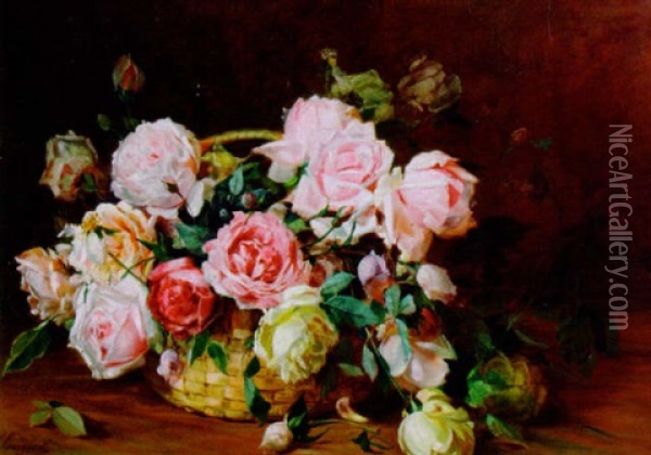 Still Life Of A Basket Of Roses Oil Painting - Licinio Barzanti