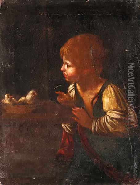 A boy with chicks Oil Painting - Italian School
