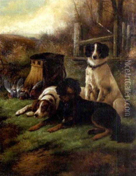 Hunting Dogs In A Landscape With Dead Game And Creel Oil Painting - John Gifford