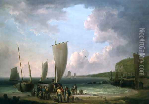 A coastal landscape with fishermen unloading Oil Painting - William Anderson