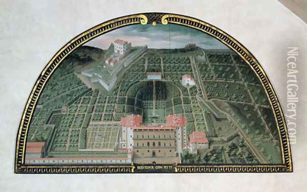 Fort Belvedere and the Pitti Palace from a series of lunettes depicting views of the Medici villas, 1599 Oil Painting - Giusto Utens