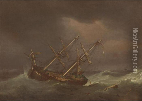 Ship In A Storm Oil Painting - Thomas Whitcombe