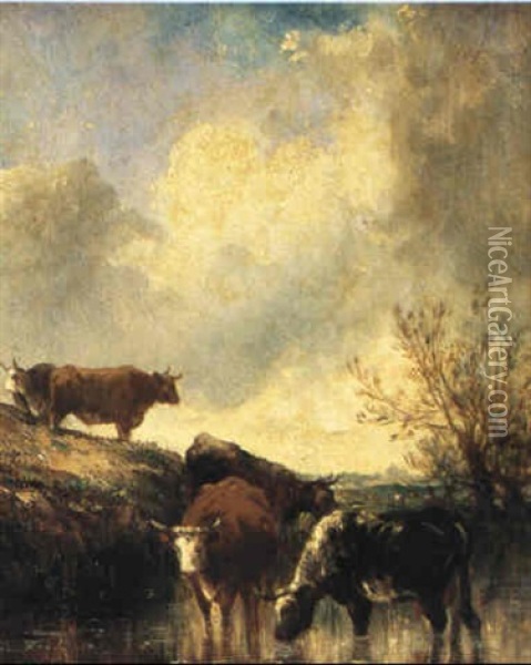 Cattle Watering In A Meadow Oil Painting - Leon Victor Dupre