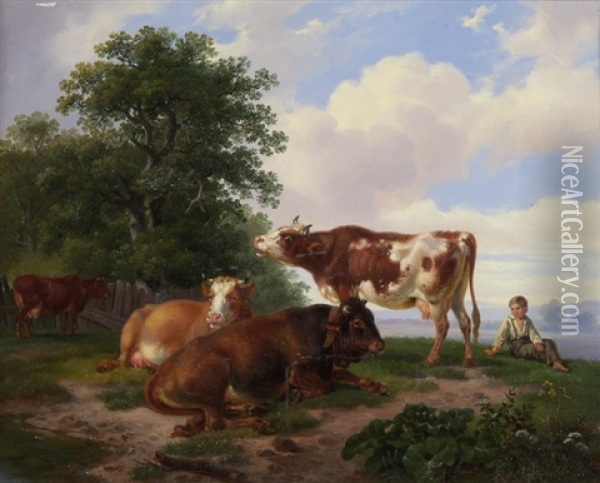Kuhe Auf Der Weide Mit Hirtenknaben Oil Painting - F. Sigmund Lachenwitz