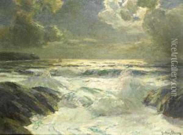 The Rushing Tide At The Lizard, Cornwall Oil Painting - Julius Olsson