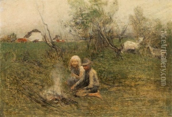 The Little Shepherds At A Camp Fire Oil Painting - Franz Rumpler