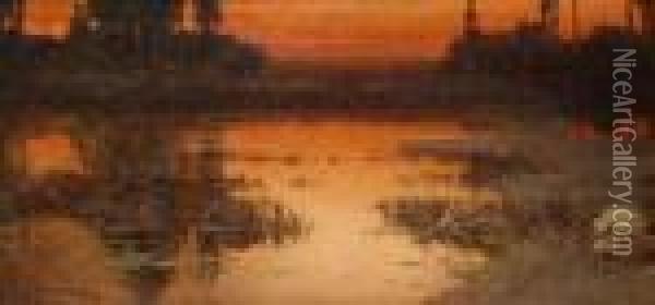 A Lake Landscape At Sunset Oil Painting - Enrique Serra y Auque