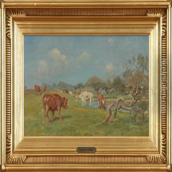 Landscape With Cows Oil Painting - Michael Therkildsen