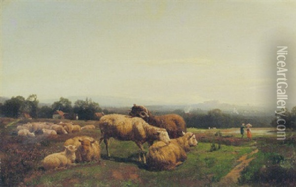 Landschaft Am Niederrhein Mit Weidenden Schafen Oil Painting - Henry Lot