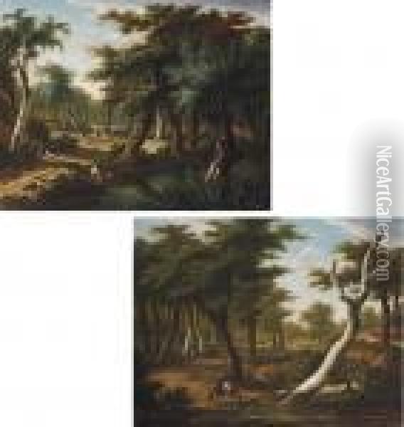 A Forest Landscape With A 
Soldier Resting, A Huntsman Shooting Ducks And A Hunting Party Beyond; 
And A Forest Landscape With A Huntsman Watering His Mount, A Haycart 
Passing Beyond Oil Painting - Frans Swagers