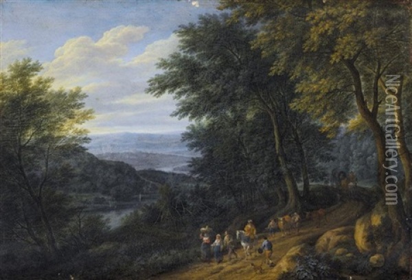 A Wooded Landscape With Figures Travelling Along A Path Oil Painting - Pieter Bout