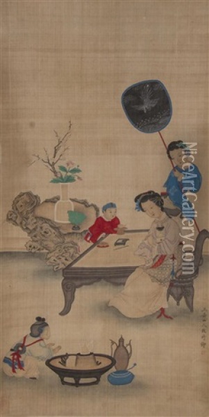 A Lady And A Child Seated At A Table With An Attendant Bearing A Fan, With A Vase Of Flowers On A Naturalistic Table In The Background Oil Painting -  Gai Qi
