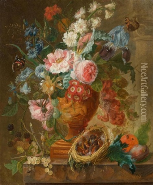 Blumenstillleben Mit Vogelnest Oil Painting - Johannes Hendrik Fredriks