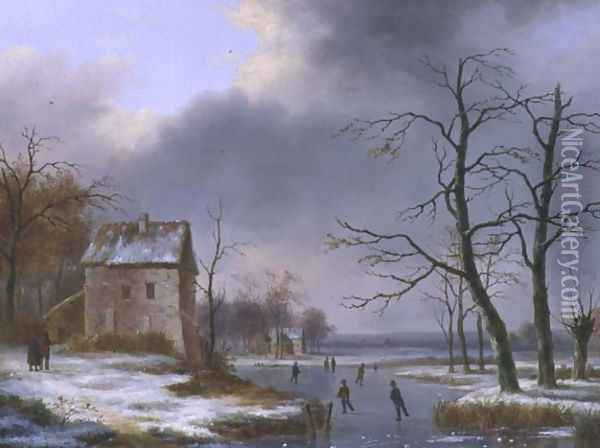 Skating on a Frozen River Oil Painting - Jean Baptiste Coene