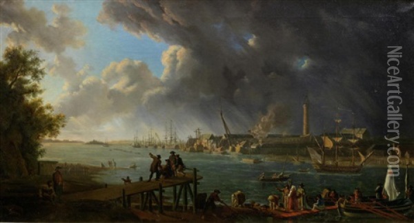 View Of The Port Of Lorient, Brittany Oil Painting - Jean Francois Hue